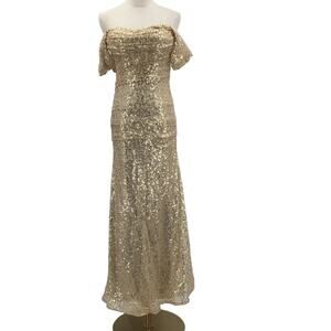FORMAL SZ 4 S gold sequin off shoulder mermaid corset party maxi dress NEW B29